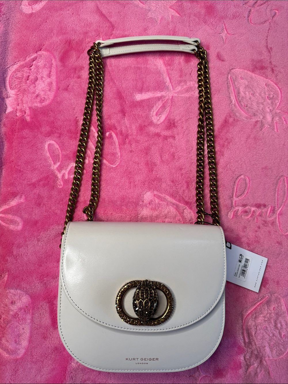 Kurt Geiger The Chelsea Saddle Bag • NWT • Bone Patent • Gold Chain & Eagle